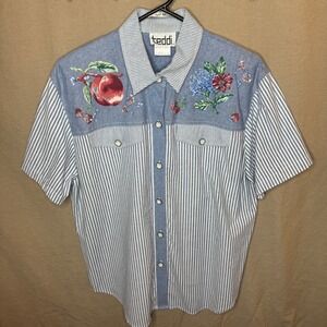 Teddi Vintage Womens Large Blue Striped Fruit Floral Print Button Up Shirt